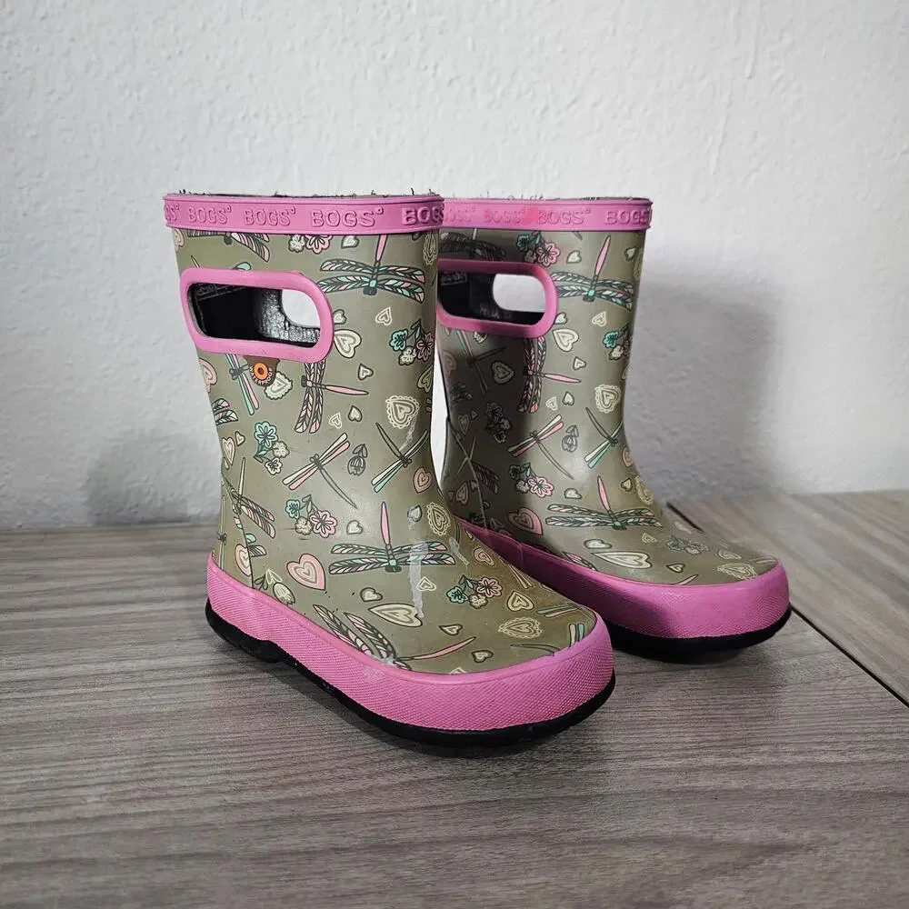 Bogs Skipper Rain Boots Gray Pink Dragonfly Little Kids US 8 Outdoor Waterproof